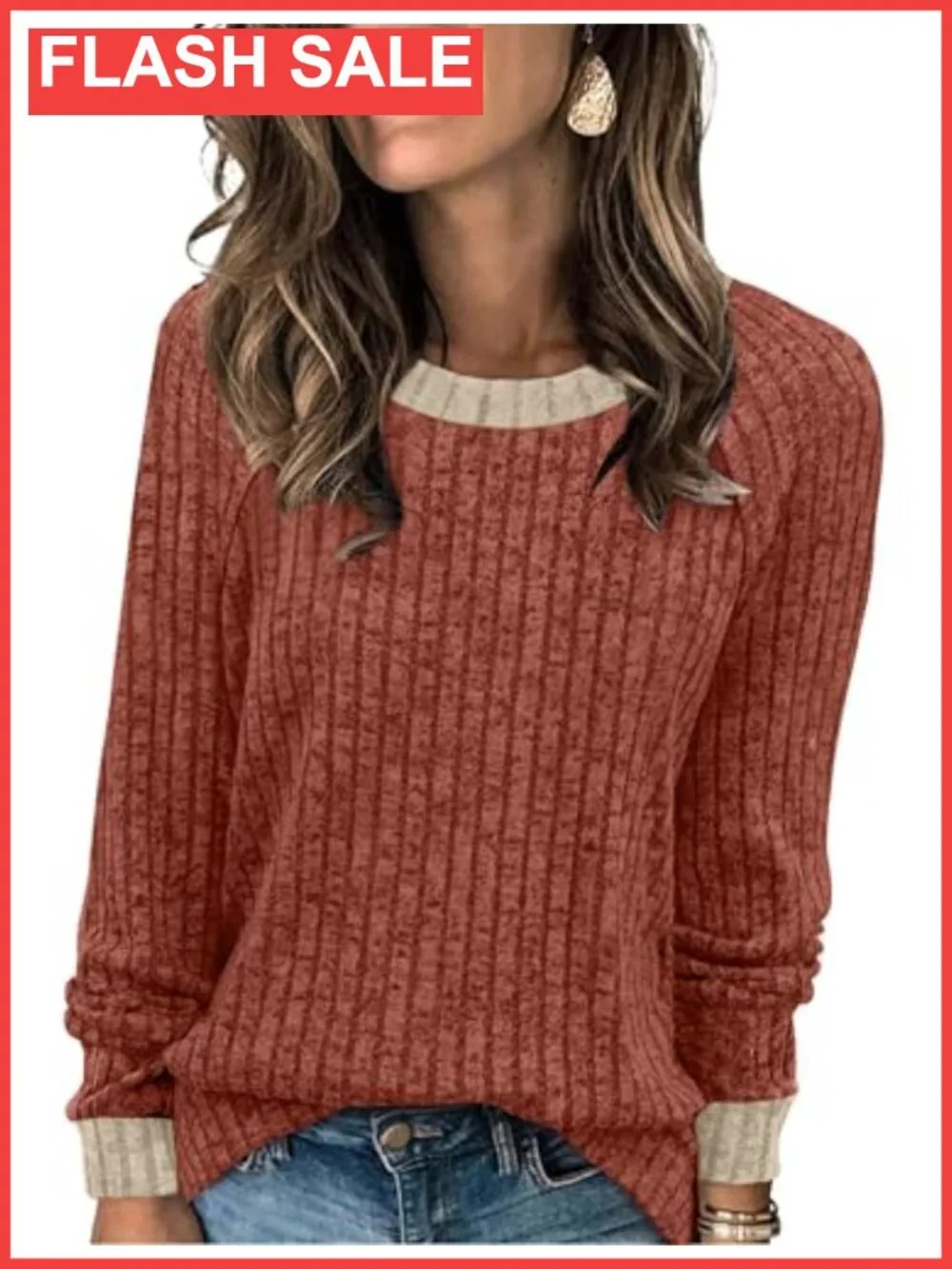 Womens Lightweight Color Block Sweater Long Sleeve Crew Neck Pullover